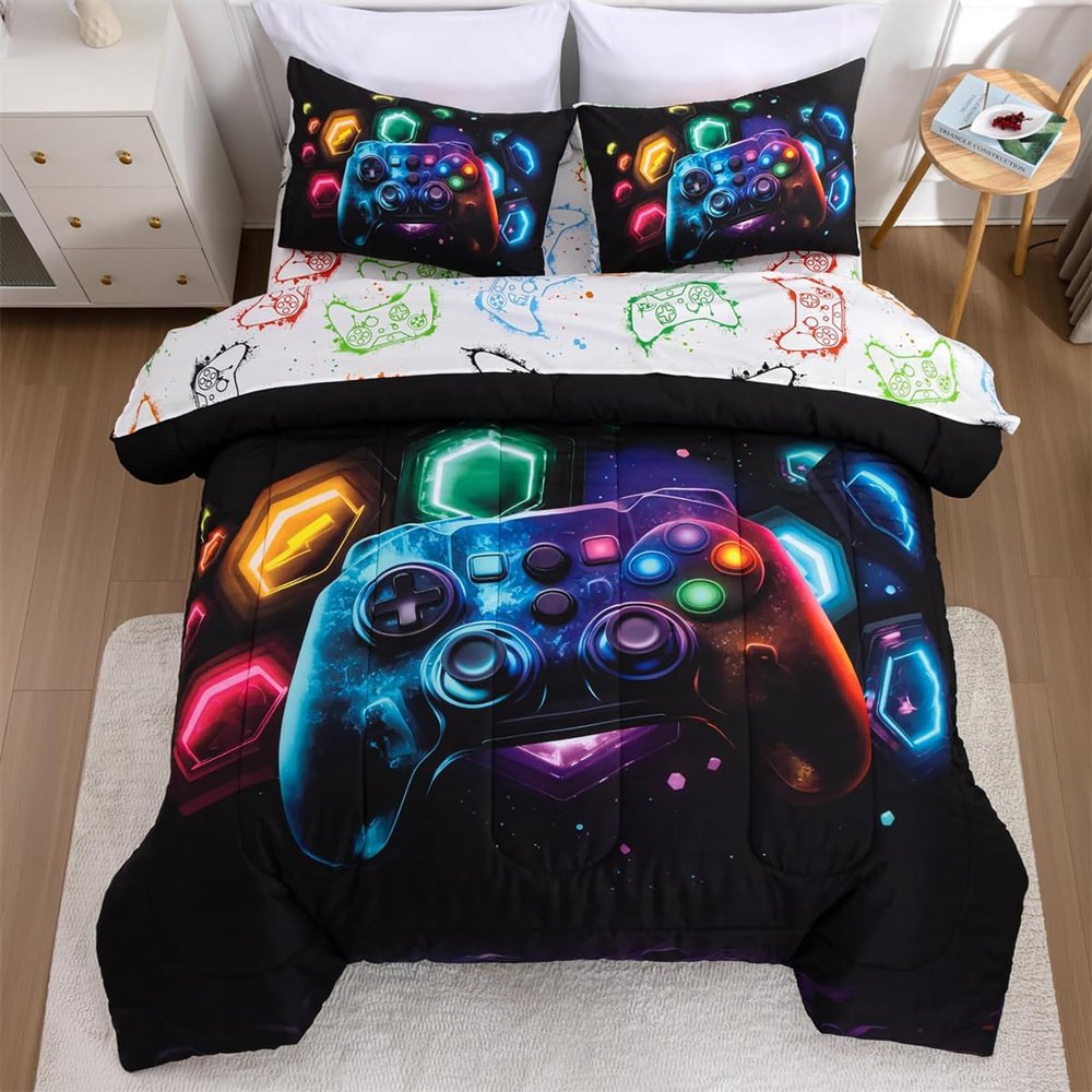 Tabeskly Gamer Bedding Set for Boys and Kids, Hexagonal Geometry and Gamepad Design, Black, 135 x 200 cm