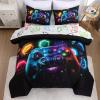 Tabeskly Gamer Bedding Set for Boys and Kids, Hexagonal Geometry and Gamepad Design, Black, 135 x 200 cm view 1