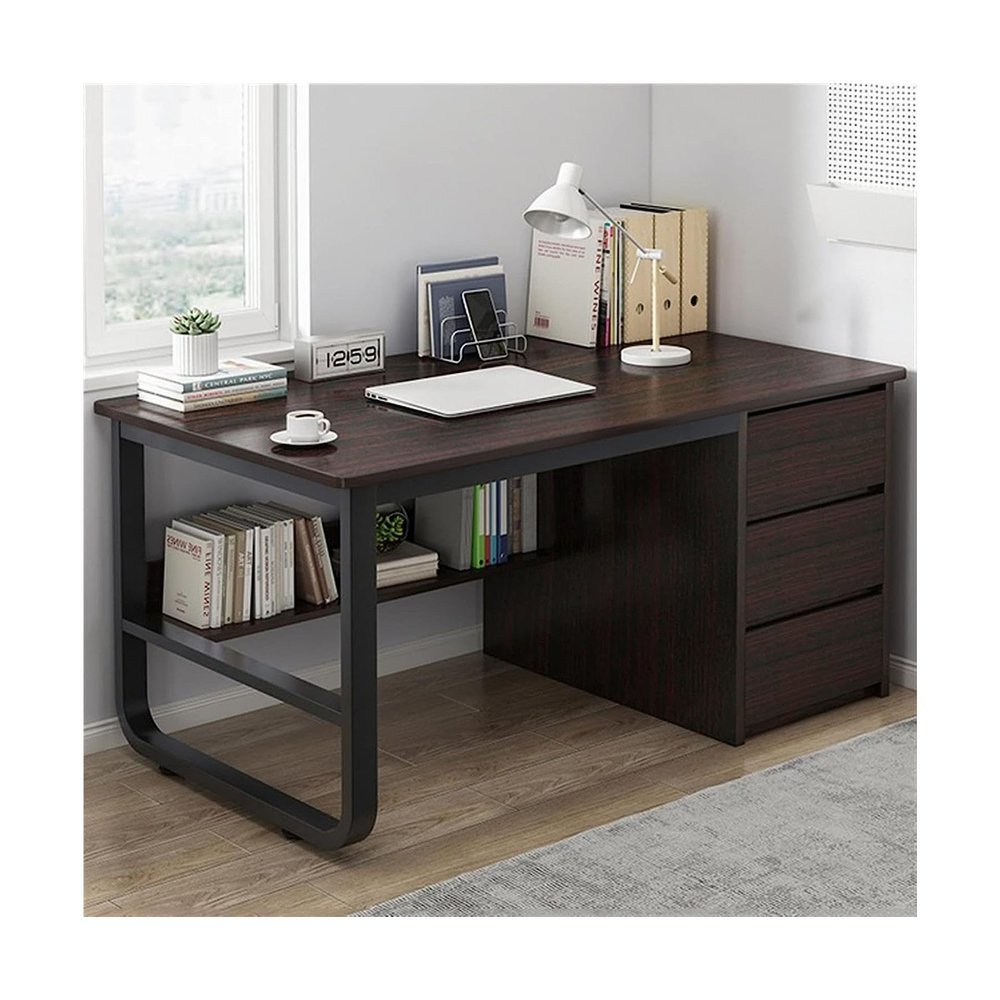 Modern Adjustable Standing Desk with 3 Drawers and Shelves, Multifunctional Home Office Computer Workstation, Walnut Finish (140 x 48 x 75 cm)