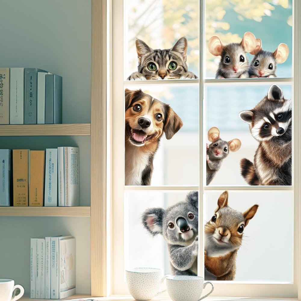 ANATTASOUL Squirrel, Dog and Cat Window Clings for Spring and Summer