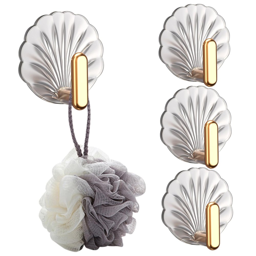 Gcroet Wall Hooks 4pcs 2.2x2.1 Clear Shell-Shaped Self-Adhesive Hooks with Gold Hangers