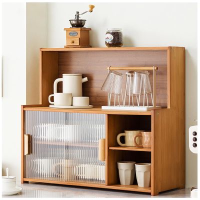 3-Tier Small Bamboo Countertop Kitchen Pantry Cabinet with Glass Doors, Brown, 67 × 61 cm (26 × 24 in)