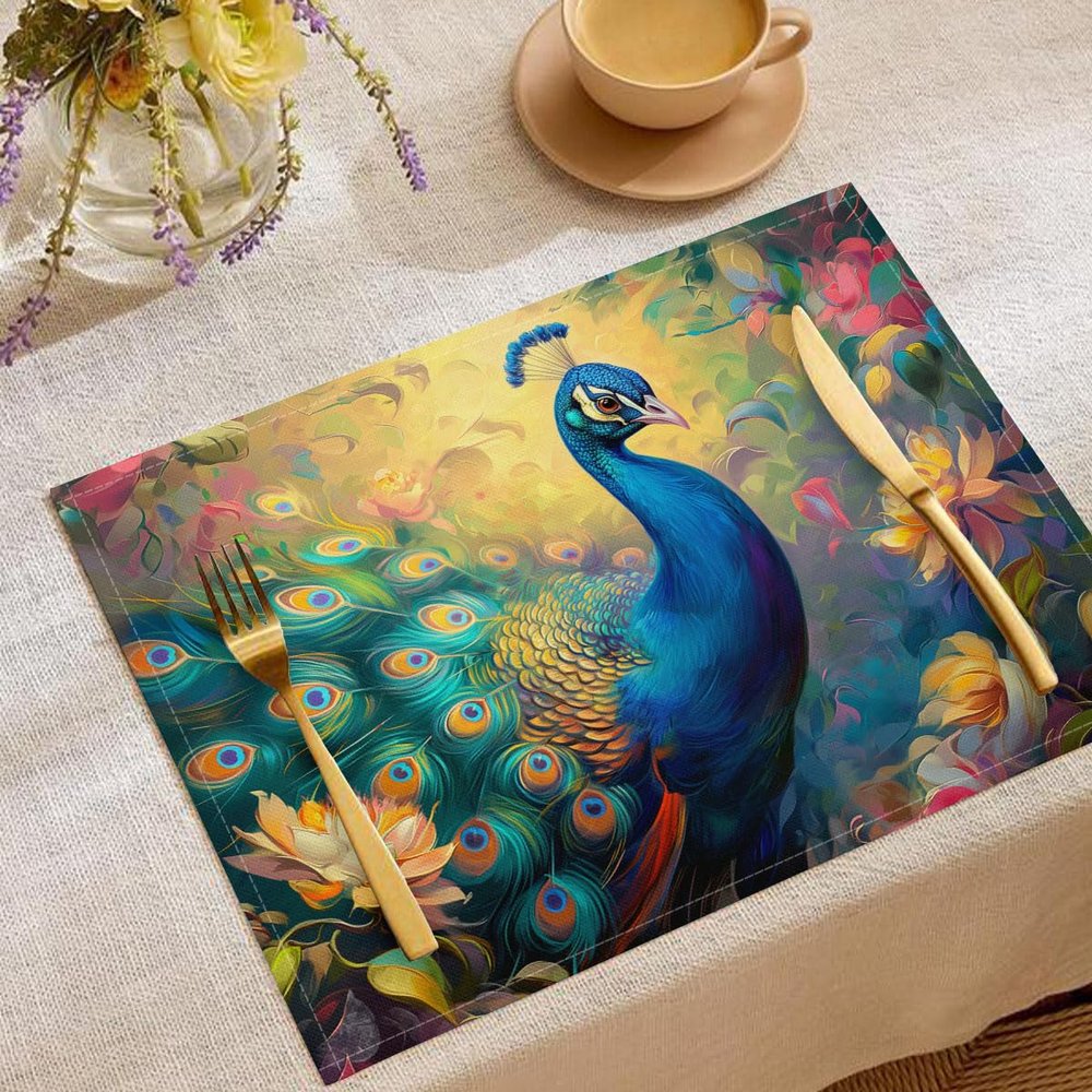 Washable Placemats, 8-Piece Set, 30 x 45 cm, Double-Sided Peacock Foliage Design