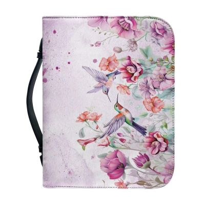 Pink Flower Hummingbird Women's Large Bible Cover, PU Leather Bible Case with Handles and Zipper Pocket