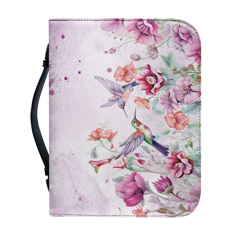 Pink Flower Hummingbird Women's Large Bible Cover, PU Leather Bible Case with Handles and Zipper Pocket