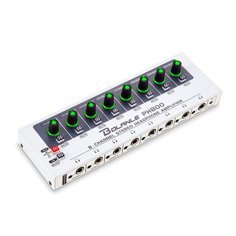 Bolanle PH800 8-Channel Headphone Amplifier – 16 Outputs, 3.5 mm/6.35 mm, Mono/Stereo, 7-Color Breathing Light