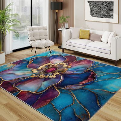 Floral Area Rug 140 x 200 cm, Abstract Blue, Purple and Gold Short-Pile Rug