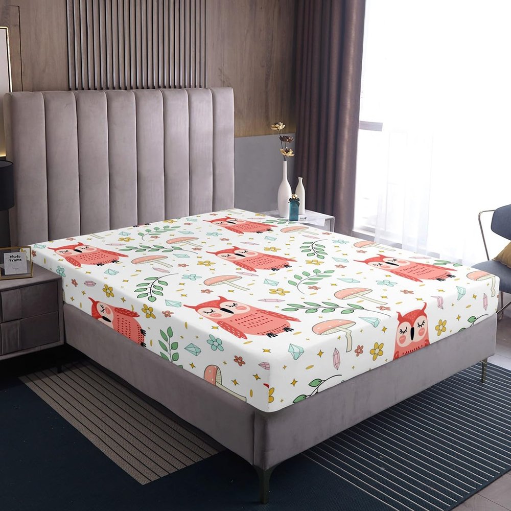 Homewish Owl Fitted Sheet, 140 x 200 cm, for Girls, Boys, Teens, and Animal Lovers