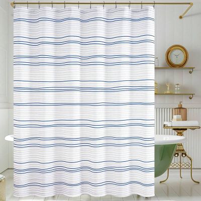 IXEHOH Modern Blue Striped Fabric Shower Curtain with Hooks, 120 x 200 cm