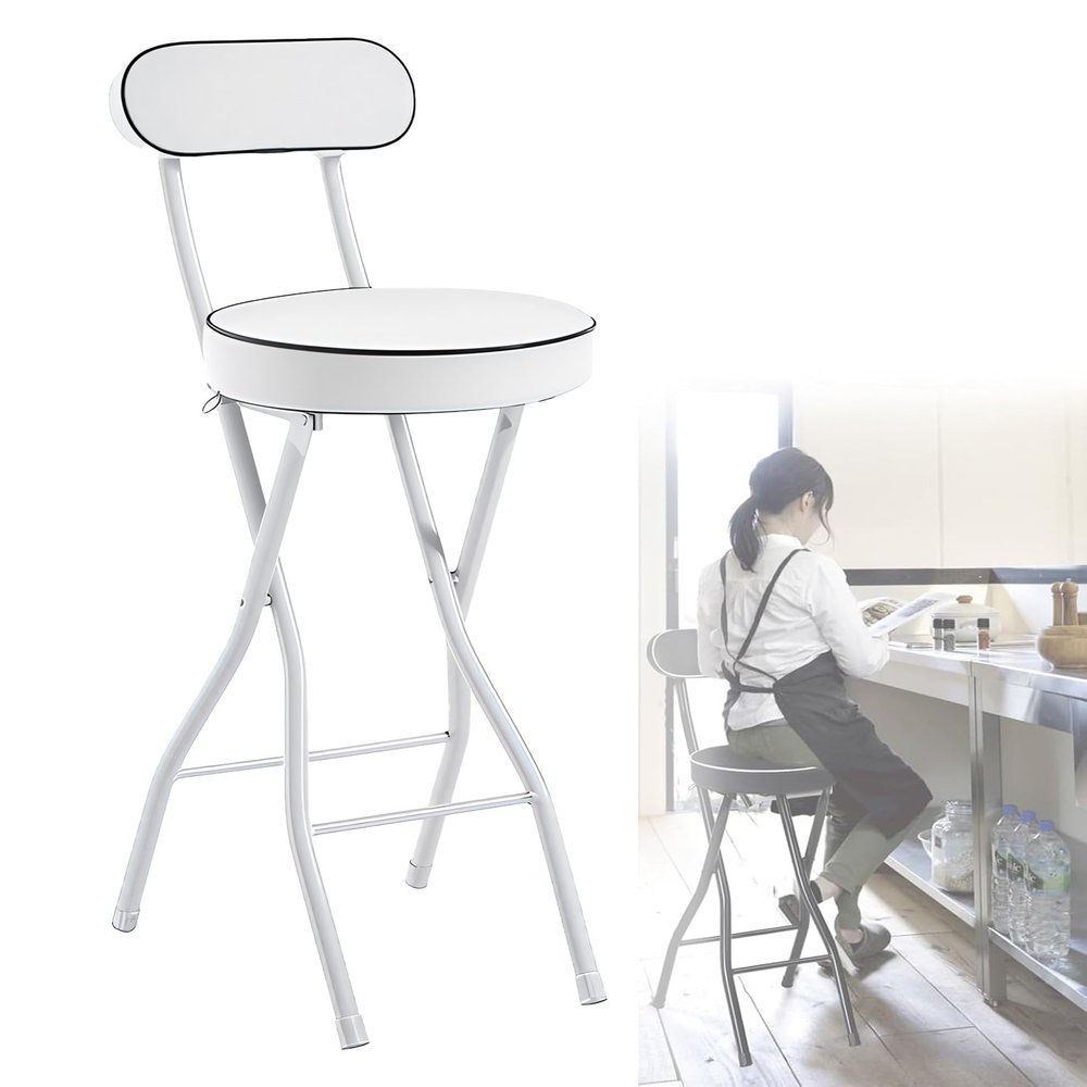 Foldable Stool, 55/60/65/70/75 cm, Padded Folding Bar Stool, Black High Chair, 100 kg Capacity, Round Stool for Kitchen/Living Room/Garden/Camping/Fishing (White, 65 cm/26 in)