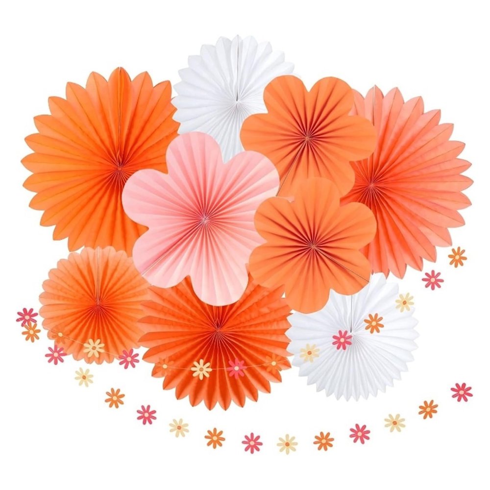 WENH Orange-Pink Paper Flower Fans and Daisy Banner
