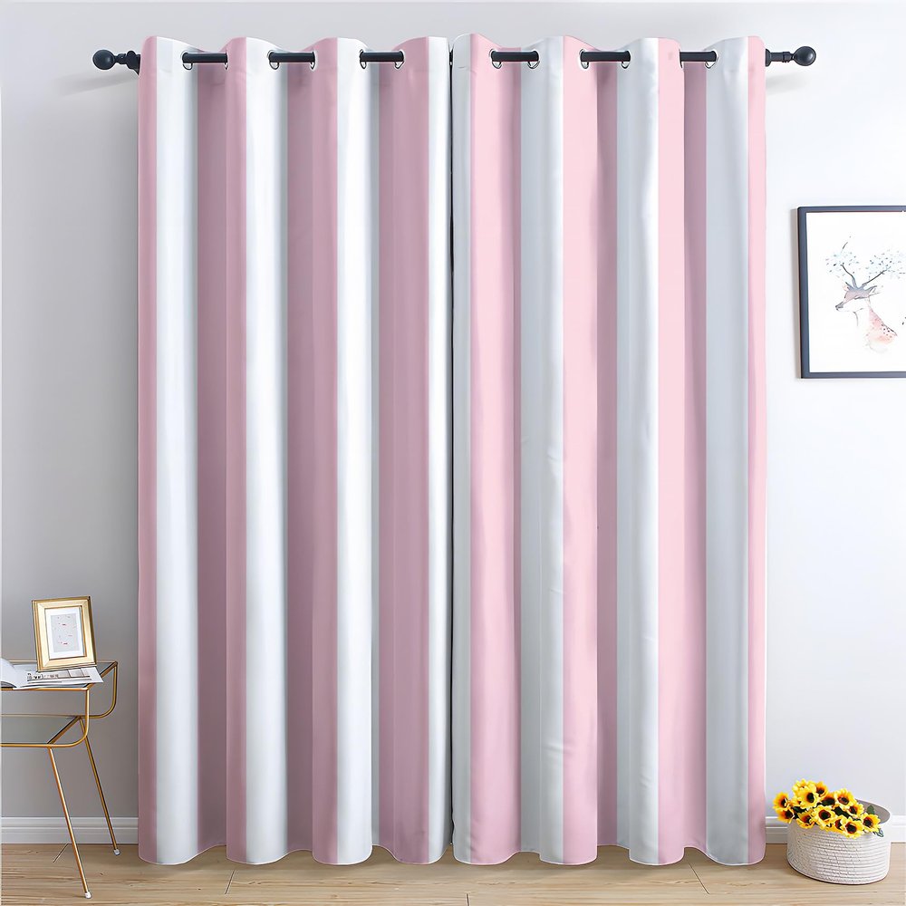 White and Pink Striped Blackout Curtains with Grommets, 2-Pack, 260 x 140 cm (H x W)
