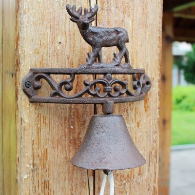 Wall-Mounted Moose Doorbell Plaque with Rustic Cast-Iron Dinner Bell
