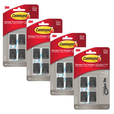 Command Small Metallic Hooks, Removable, Matte Black, 4-Pack