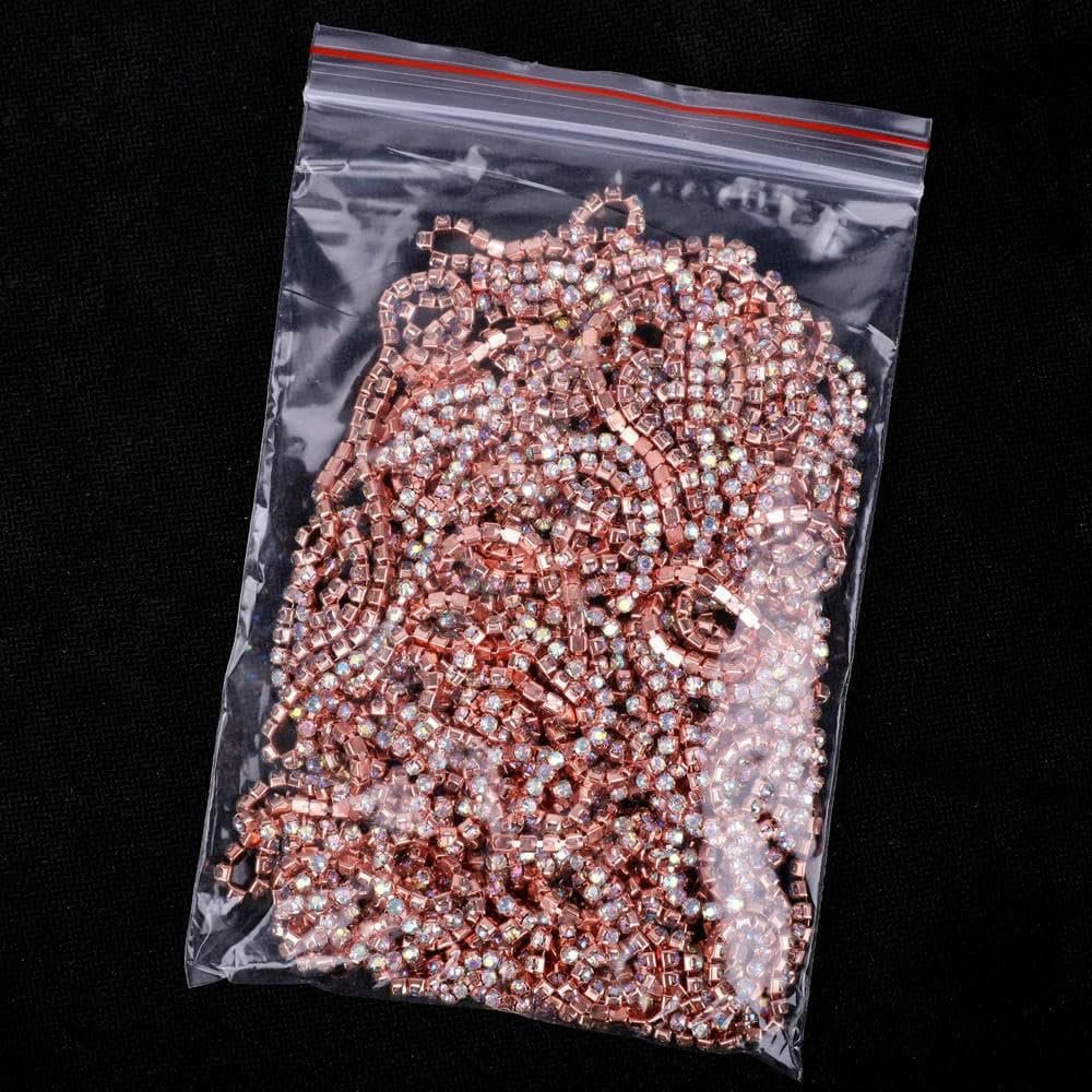 SS6–SS18 Glass Rhinestone Cup Chain, Rose Gold Crystal AB, 1/5 Yard–1 Yard
