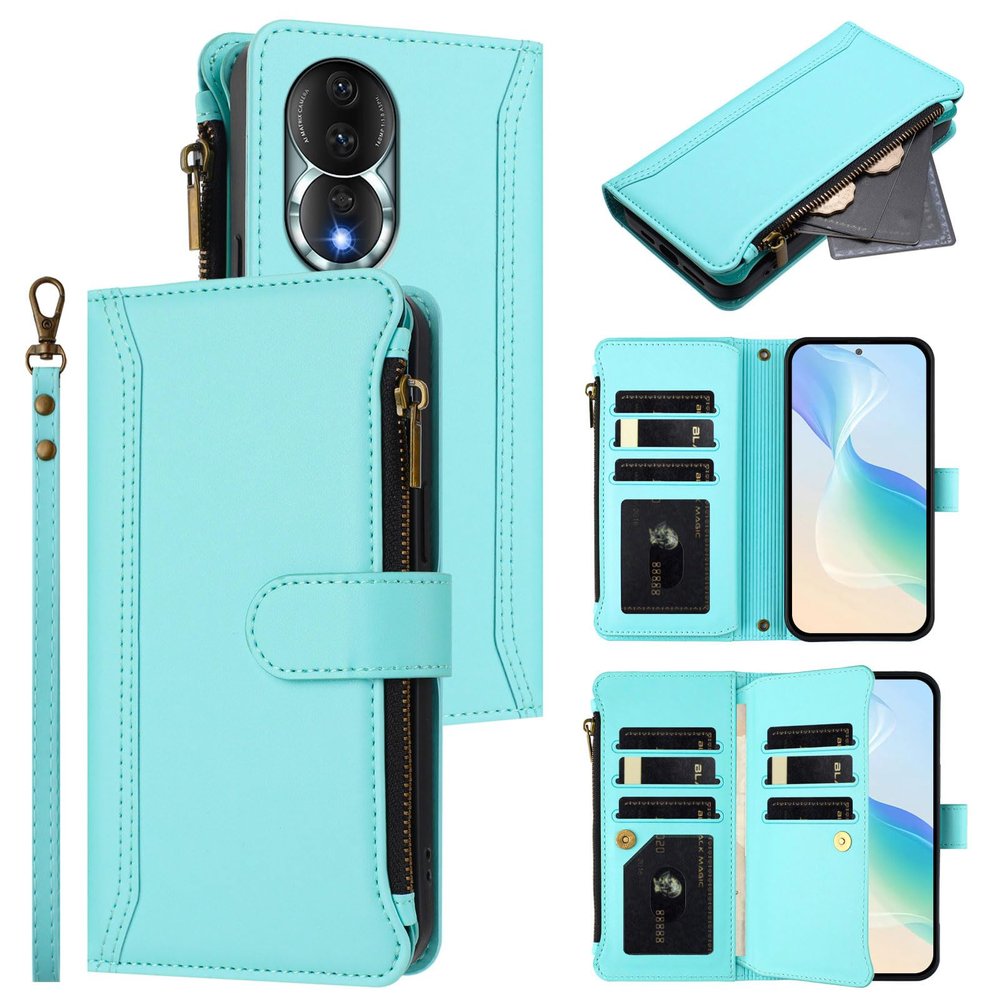 Jiajihua Case Compatible with Honor 80 5G, Lanyard, 9 Card Slots, Zipper Wallet, Magnetic Closure, Stand, Mint Green