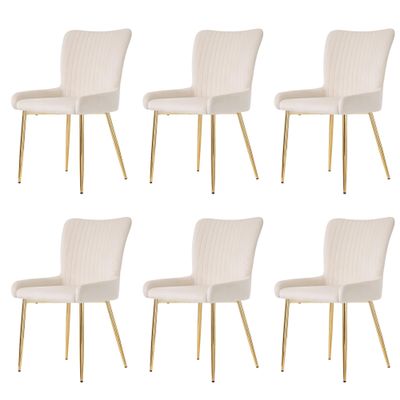 Velvet Dining Chair with Vertical Backrest, Lumbar Support and Adjustable Metal Legs (Beige + Gold, 6)