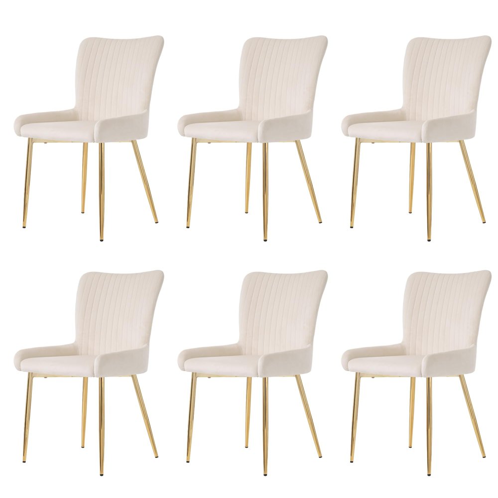 Velvet Dining Chair with Vertical Backrest, Lumbar Support and Adjustable Metal Legs (Beige + Gold, 6)