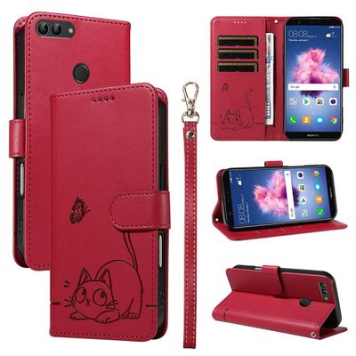 SATURCASE Cat Wallet Case for Huawei P Smart/Honor 9 Lite, ZC-Red