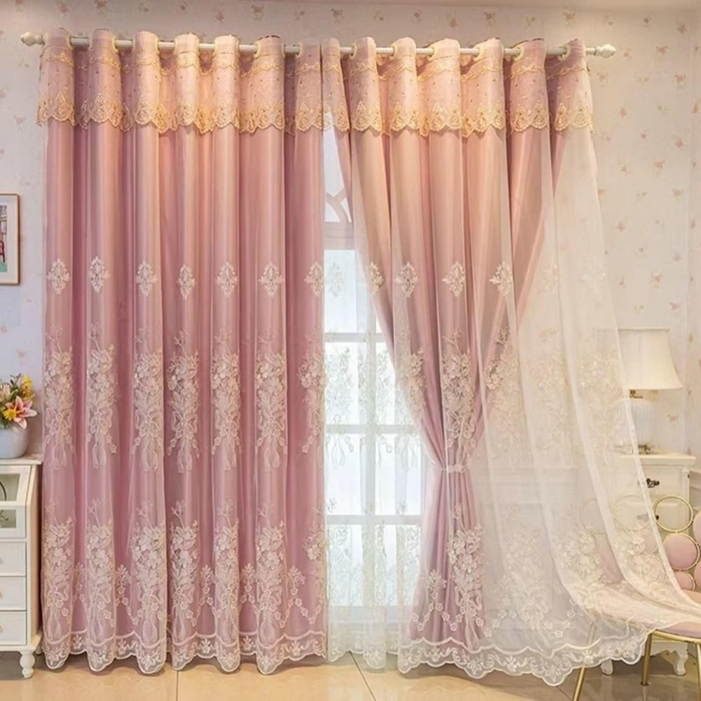 Homxi Pink Blackout Curtains, 2 Panels, 52 x 54 in Each, Double-Layer Floral Embroidery