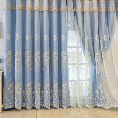 Homxi Blackout Curtains for Kids' Room, 2 Panels, 107W x 183H cm Each, Blue Double-Layer Curtains with Floral Embroidery and Hooks
