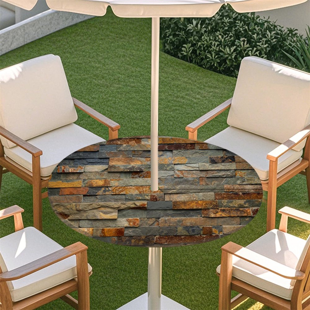 Fasbuy Round Outdoor Tablecloth with Umbrella Hole and Zipper, Retro, L: 114–137 cm