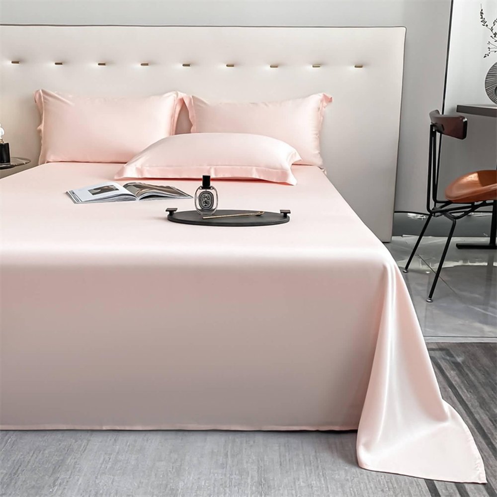 Lirzxin Flat Sheet Without Elastic 245 x 245 cm, Double Bed Lyocell Fiber Solid-Color Sheet and 2 Pillowcases, Soft and Breathable, Light Orange Pink