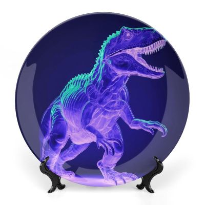 JTKBNVM Green Dinosaur-Style Porcelain Decorative Plate, 20.3 cm, with Display Stand