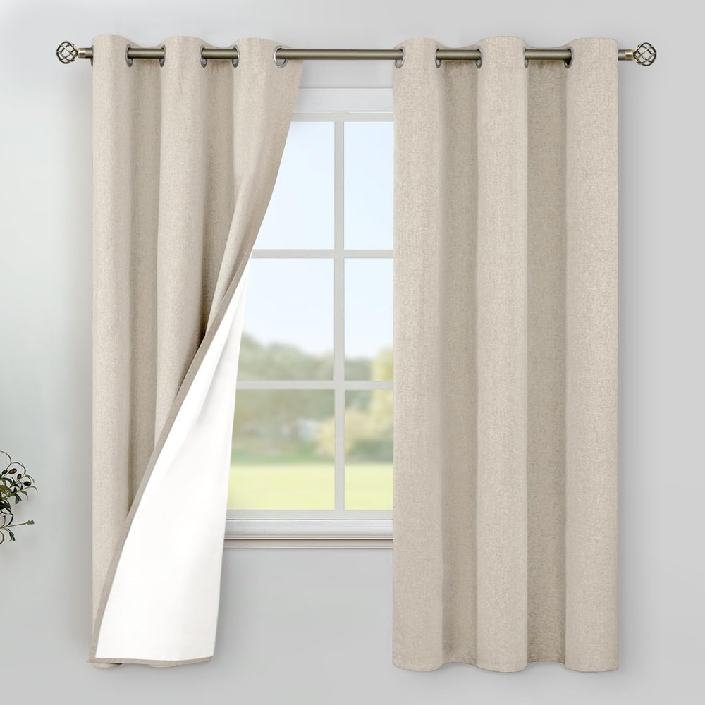 YoungsTex Oatmeal Linen Blackout Curtains, 100% Blackout, Thermal Insulated, 2 Panels, 106 x 160 cm