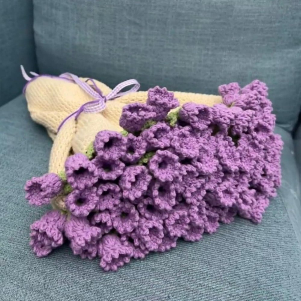 Handmade Crochet Flower Bouquet Blanket, Purple Lily of the Valley, 43 in