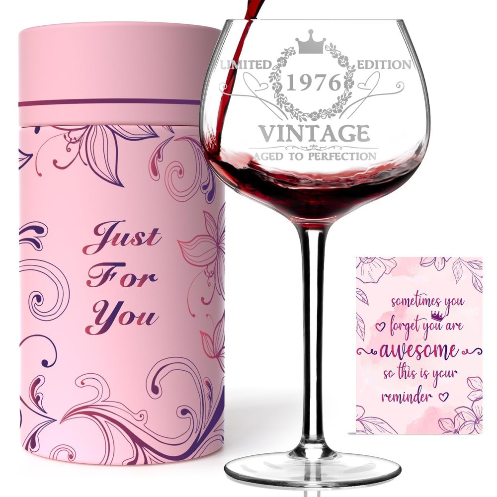 VOMEP 50th Birthday Wine Glass for Women, Engraved 1976, with Gift Box, 475 ml