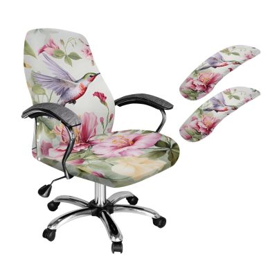 ZIATUBLES Office Chair Cover with 2 Removable Armrest Covers, Hummingbird Pink Floral Print, High Back, Swivel Chair Protector