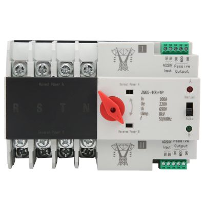 Dual-Power Automatic Transfer Switch, 100 A, 4-Pole, 220 V, Silver Contacts, Flame-Retardant Plastic