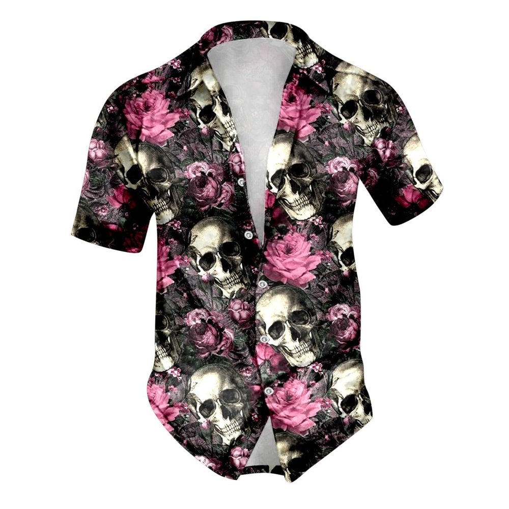 Foweknow Men's Summer Skull Pattern Hawaiian Shirt, Regular Fit, Short Sleeve Button-Down Shirt