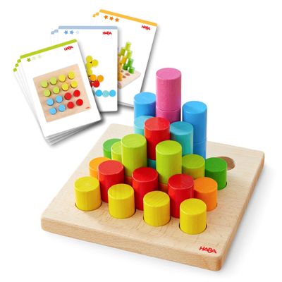 HABA Cylinder Peg Board Game, Ages 2+, 30 Colorful Wooden Blocks & 10 Template Cards, 2012246001