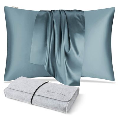 DISANGNI 100% Natural Mulberry Silk Pillowcase for Hair and Skin, Hidden Zipper, Double-Sided 22 Momme Silk, 1 Piece, 50 x 80 cm, Blue Gray