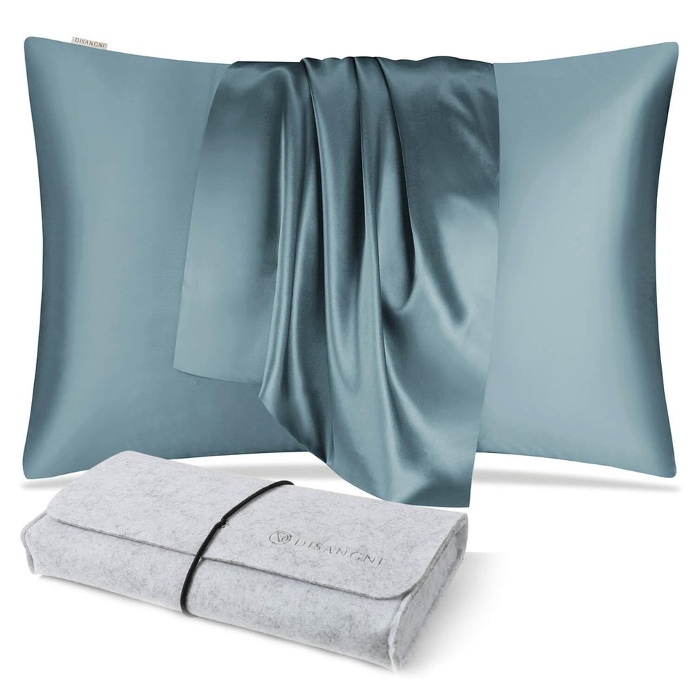 DISANGNI 100% Natural Mulberry Silk Pillowcase for Hair and Skin, Hidden Zipper, Double-Sided 22 Momme Silk, 1 Piece, 50 x 80 cm, Blue Gray