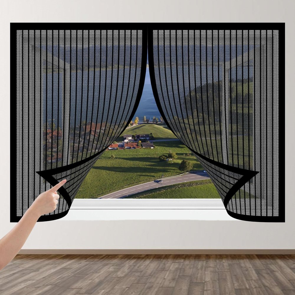 Magnetic Fly Screen for Windows 90 x 73 cm, No-Drill Insect Net, Easy Adhesive Installation, Black