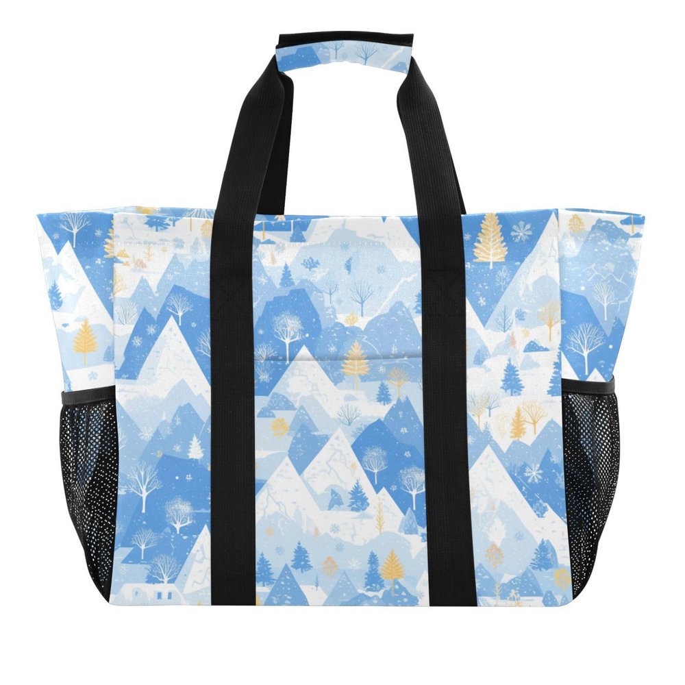 Mountain Light Blue Foldable Utility Beach Tote, Large Sandproof Reusable Grocery Bag with Handles
