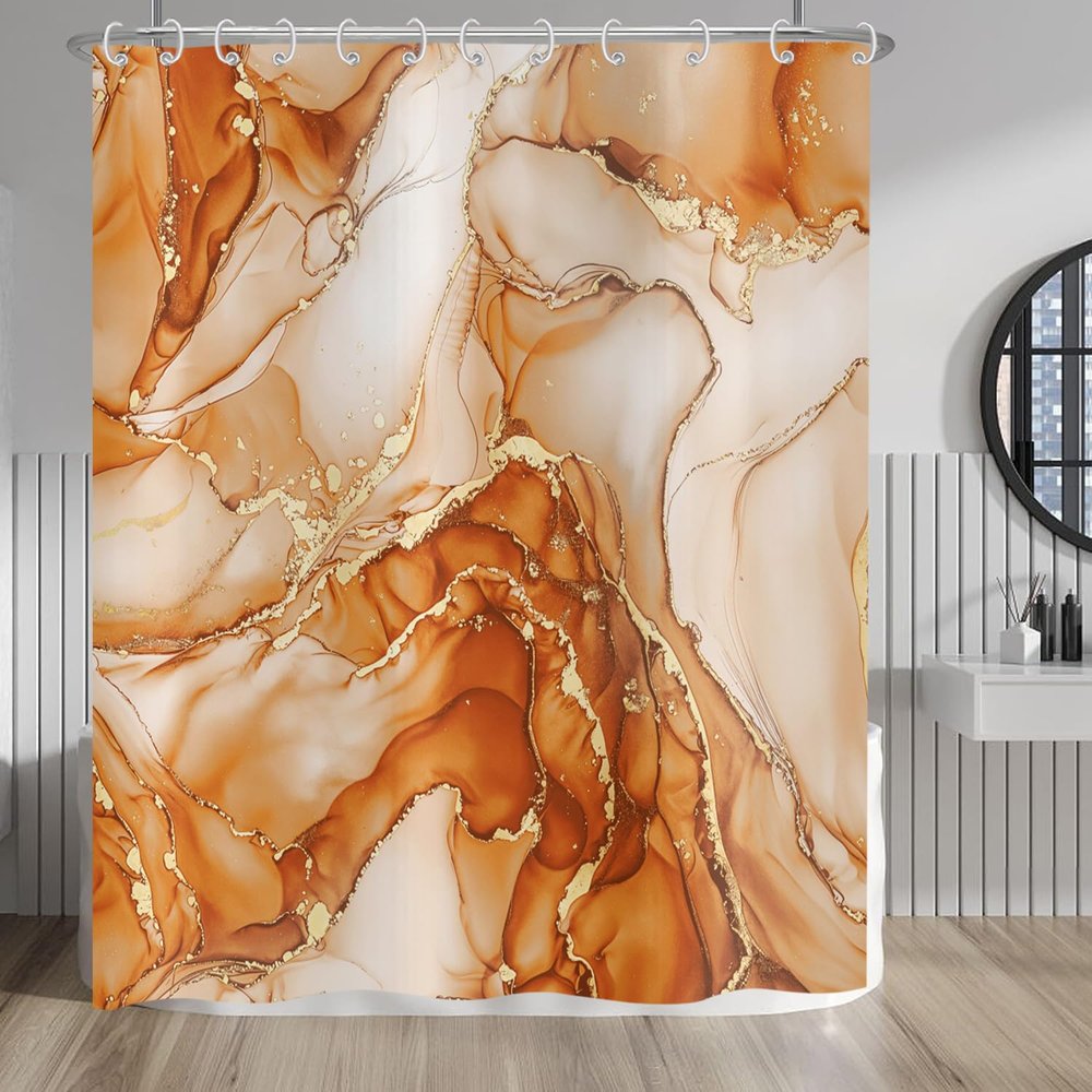 Hnmdmyi Orange Gold Abstract Marble Shower Curtain, 65 x 71 in