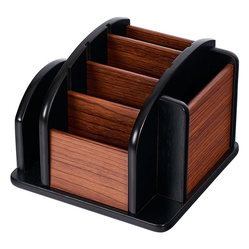 YIKATEND HX-7005D Wooden Desk Organizer with 6 Compartments, Remote Control Holder and Office Storage, Black and Brown, 45.7 x 44.5 x 37.5 cm (L x W x H)