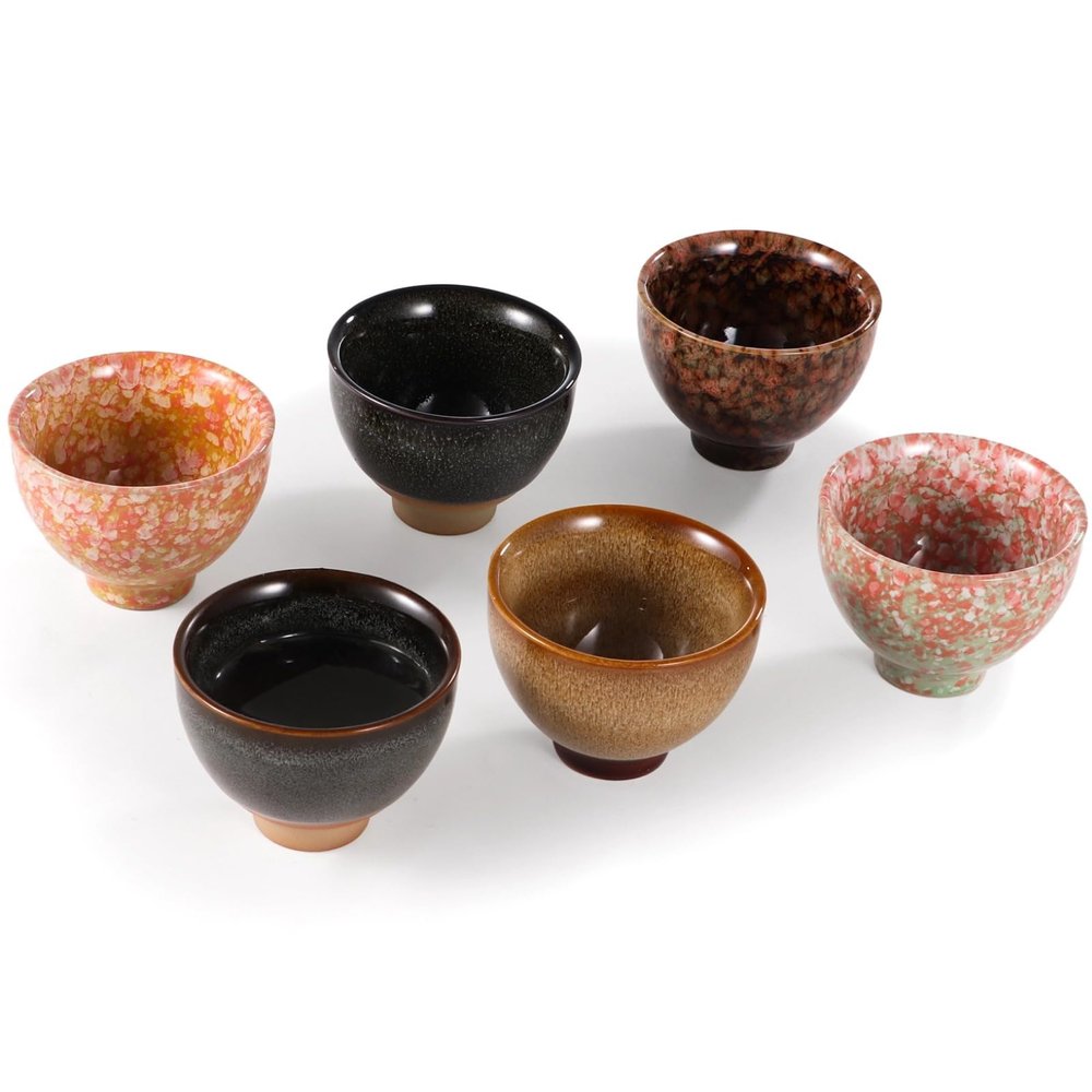 YOFAPA 6-Piece Chinese Kung Fu Ceramic Tea Set with Patterned Japanese Tea/Sake Cups