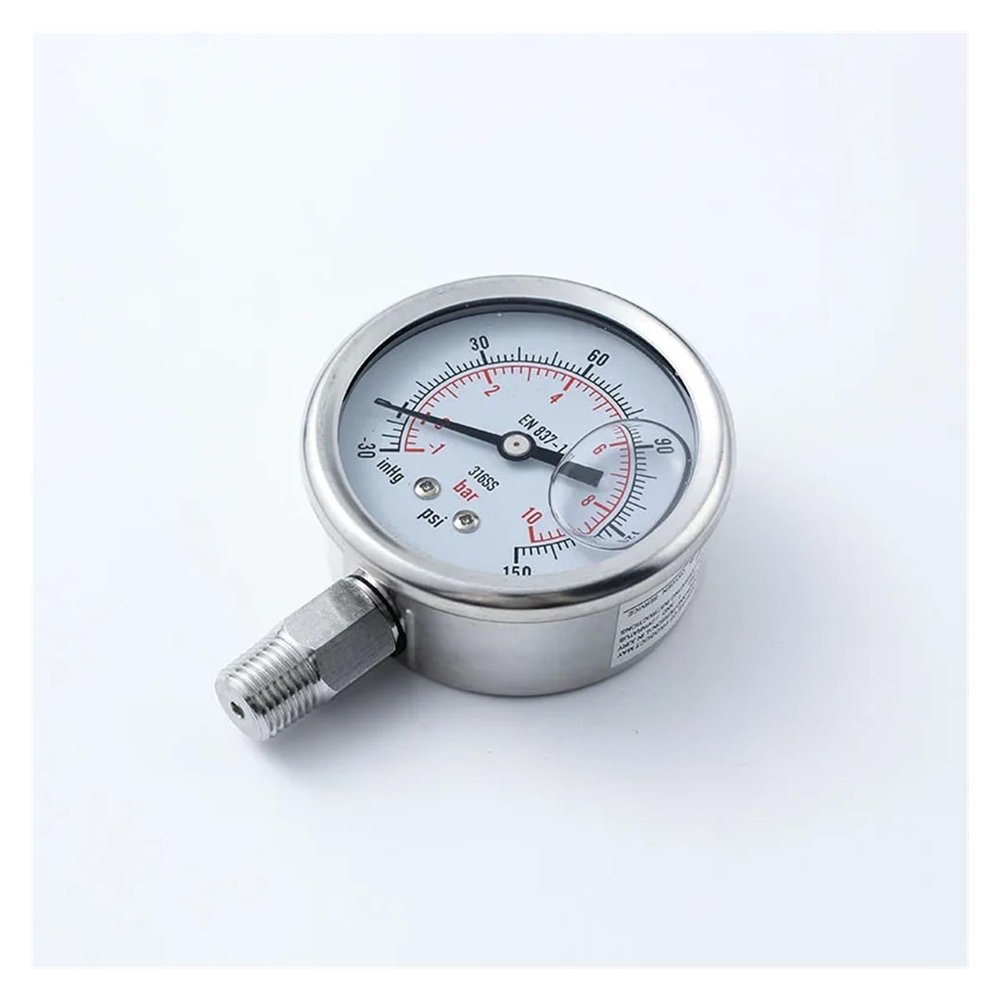 QMKADFQXF 1/4" NPT Base Glycerin-Filled Pressure Gauge, -1 to 10 Bar, Dual Scale