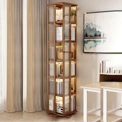 5/6-Tier Rotating Bamboo Bookcase, Floor-Standing Acrylic Shelving Tower, Brown, 40 x 40 x 175 cm
