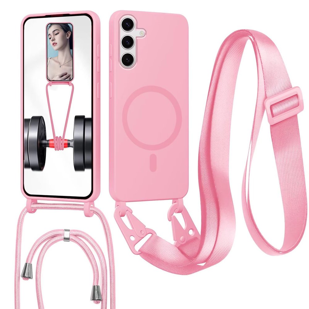 MBSLFY Magnetic Phone Lanyard Case for Samsung Galaxy A55, MagSafe-Compatible Case with Detachable Strap, Shockproof Protective Case, Pink