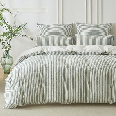 SOULFUL Cotton Bedding Set 135 x 200 cm, 4-Piece, Striped Jacquard, Sage Green