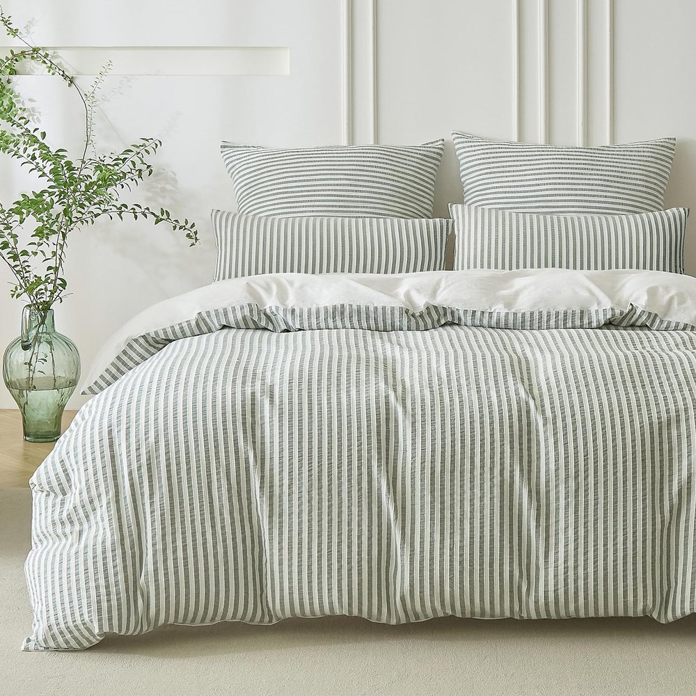 SOULFUL Cotton Bedding Set 135 x 200 cm, 4-Piece, Striped Jacquard, Sage Green