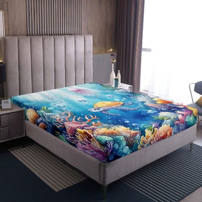 Homewish Ocean Kids’ Fitted Sheet, Watercolor Octopus & Sea Turtle, 160 x 200 cm
