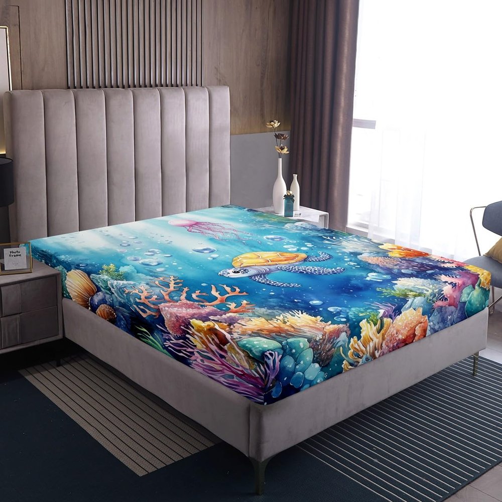 Homewish Ocean Kids’ Fitted Sheet, Watercolor Octopus & Sea Turtle, 160 x 200 cm