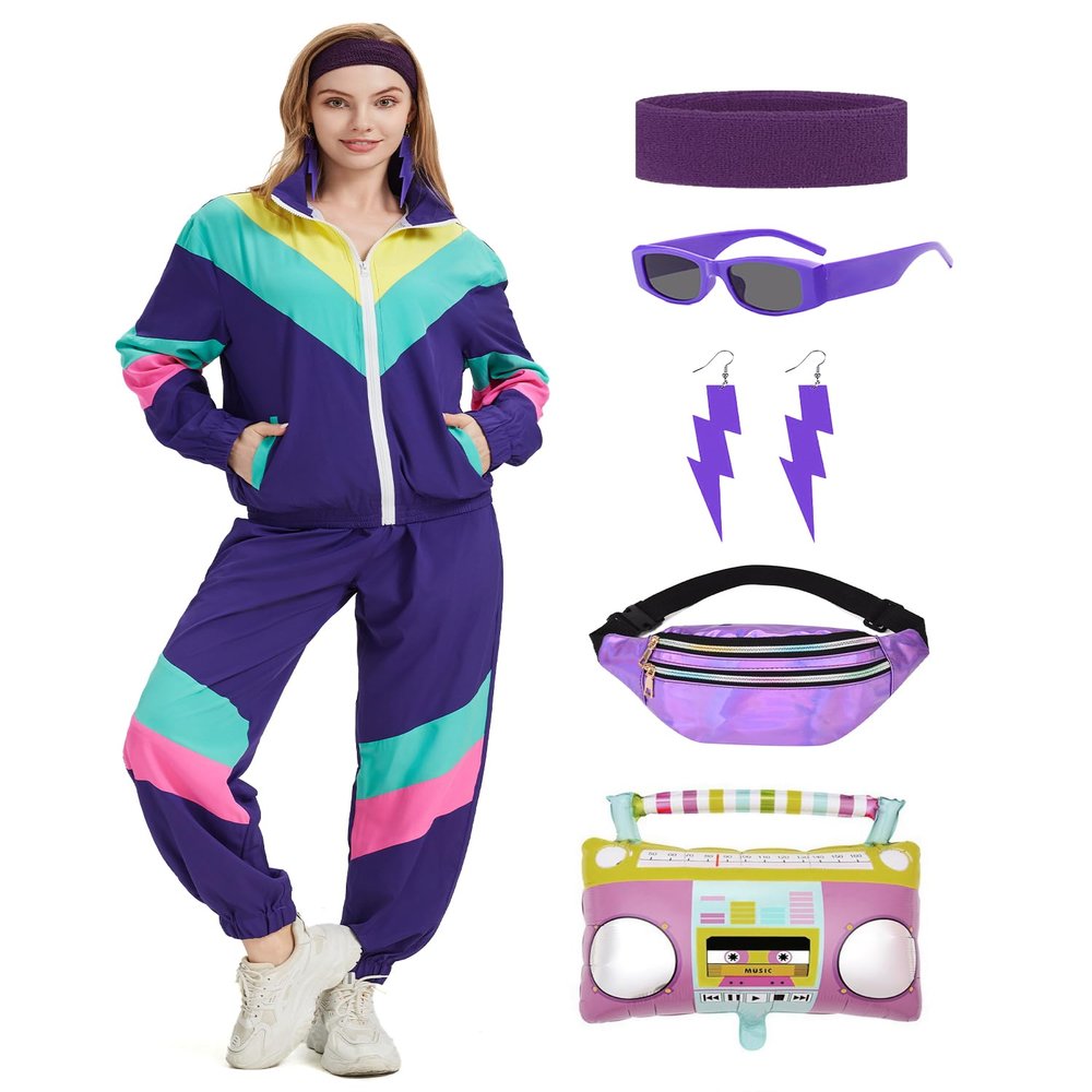 Coseaon Women's 80s/90s Retro Tracksuit Costume Set with Accessories, Dark Purple, S